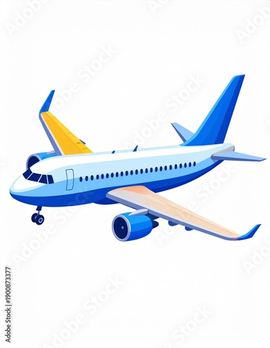 Pixelated Blue and White Passenger Airplane with Yellow Wing Tips on White Background