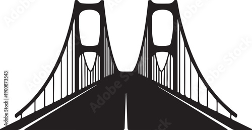 Elegant vector illustration of a majestic suspension bridge spanning a wide river at sunset, city skyline in the background.