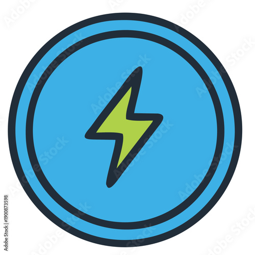 A bright green lightning bolt symbol inside a dark blue circle, representing energy and power in a modern graphic design