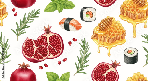 Vibrant food illustration with sushi, pomegranates, and honey