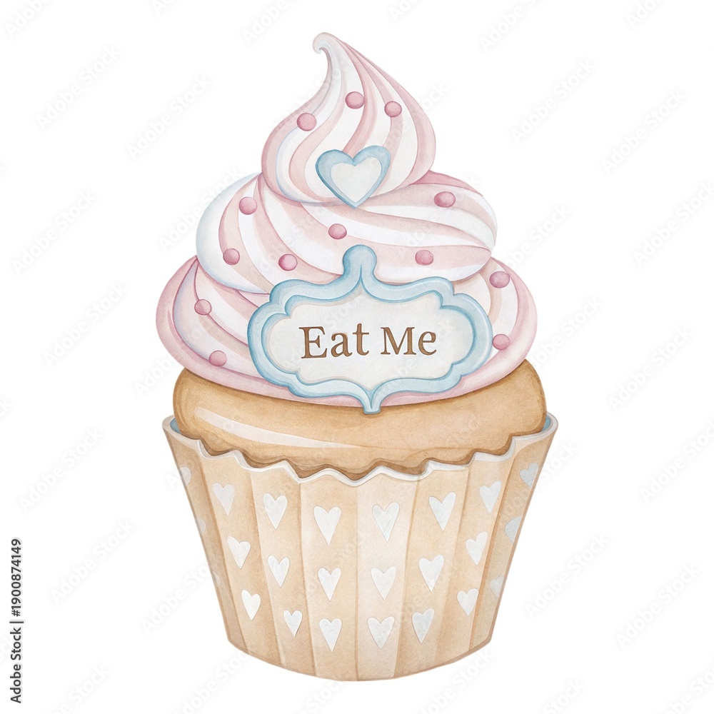 Obraz premium Watercolor magic pancake with Eat Me label, Alice in Wonderland fairytale sweet isolated on white.