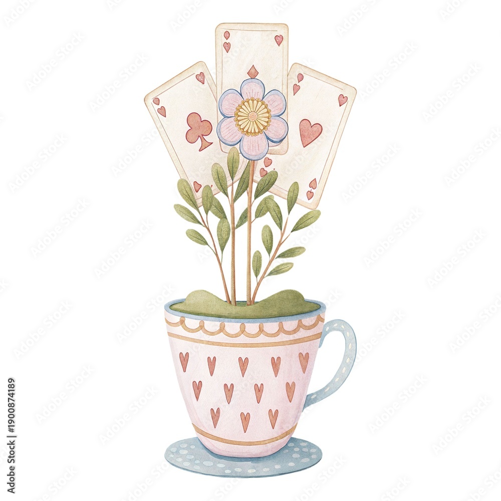 Fototapeta premium Watercolor magic card flowers in a pot, Alice in Wonderland fairytale garden illustration isolated on white.