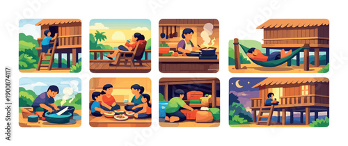 Asian family life: daily activities in rural village setting at different times of day