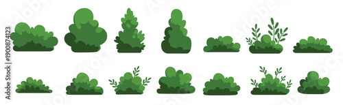  set of various green bushes and shrubs in flat style ideal