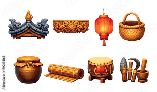 Traditional asian cultural symbols: lantern, drum, crafts, basket, roof, and tools