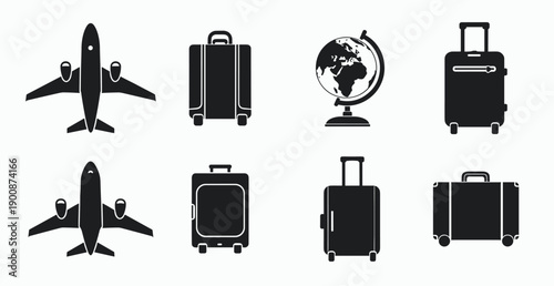  silhouette icons of travel essentials including airplanes