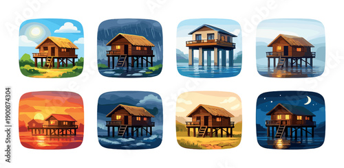 Seasonal change depiction in wooden lake houses across eight varied weather conditions