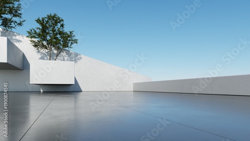 Abstract architecture background, White Concrete Wall With Vertical Tree Garden on empty concrete floor, Modern Exterior With Block Shape, Scene for car presentation, 3D rendering