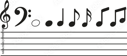 Musical Notation Elements Set with Treble and Bass Clef Staff Lines and Various Black Music Notes Including Quarter Eighth and Sixteenth Notes