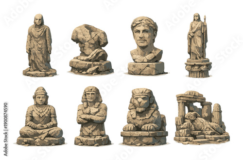 Ancient stone statues collection featuring various historical figures and mythical creatures