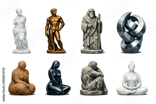 Diverse sculptures: classical, modern, abstract, and figurative art forms