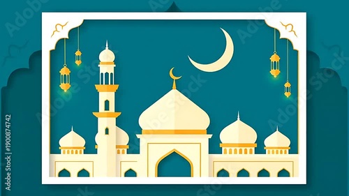 Elegant illustration of a serene mosque silhouette under a crescent moon, perfect for Islamic holiday greetings and cultural celebrations.