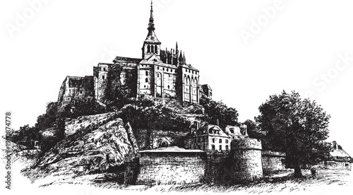 Mont-Saint-Michel, France illustration on a white background. This vector illustration can be used in any size you like for advertising, logos, and other work.