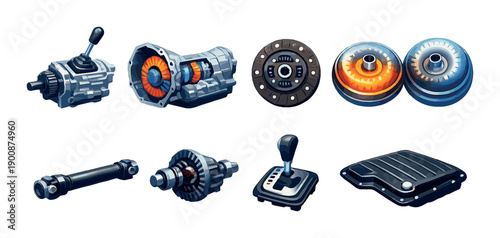 Set of vehicle transmission components: gears, clutch, axle, driveshaft, gearstick