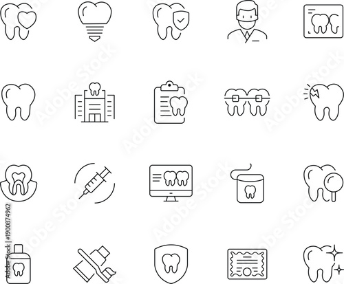 Dental and Oral Care Line Icon Set - Dentistry, Tooth Healthcare, and Orthodontic Vector Symbols