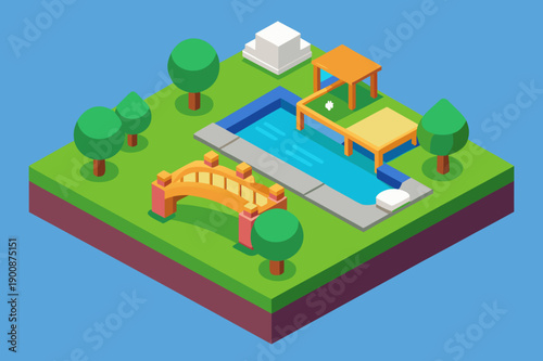 Isometric Town Park with Lake Bridge and Picnic Area