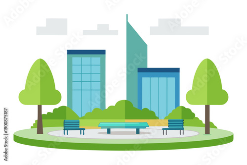 Modern Public Park Plaza with Seating Areas and Trees