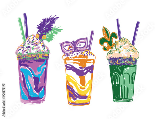Colorful Mardi Gras Cocktail Drinks with Masks and Festive Toppings