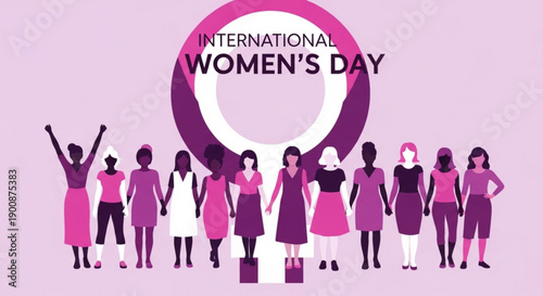 International women's day celebration with diverse group of women in pink and purple silhouettes