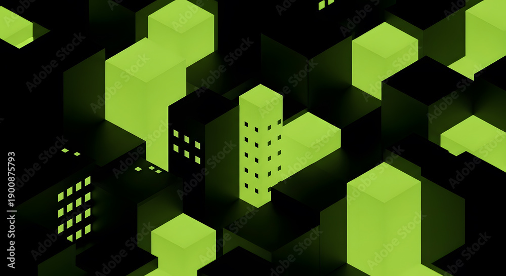 Fototapeta premium Abstract digital cityscape with glowing green blocks and dark geometric forms