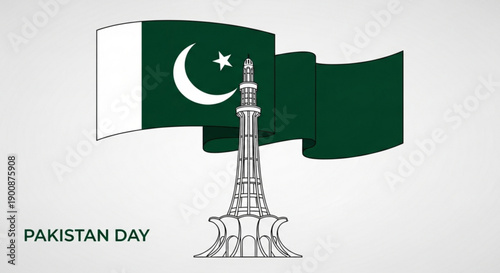 Pakistan day celebration with waving flag and minar e pakistan monument in white and green colors