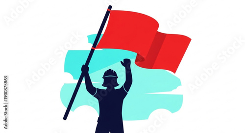 Person holding red flag celebrating victory or protesting with a bold graphic design and blue background