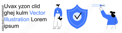 Cybersecurity, identity verification, teamwork, secure processes, authentication, data protection. Blue shield with check mark, people in minimal style. Cybersecurity and identity verification