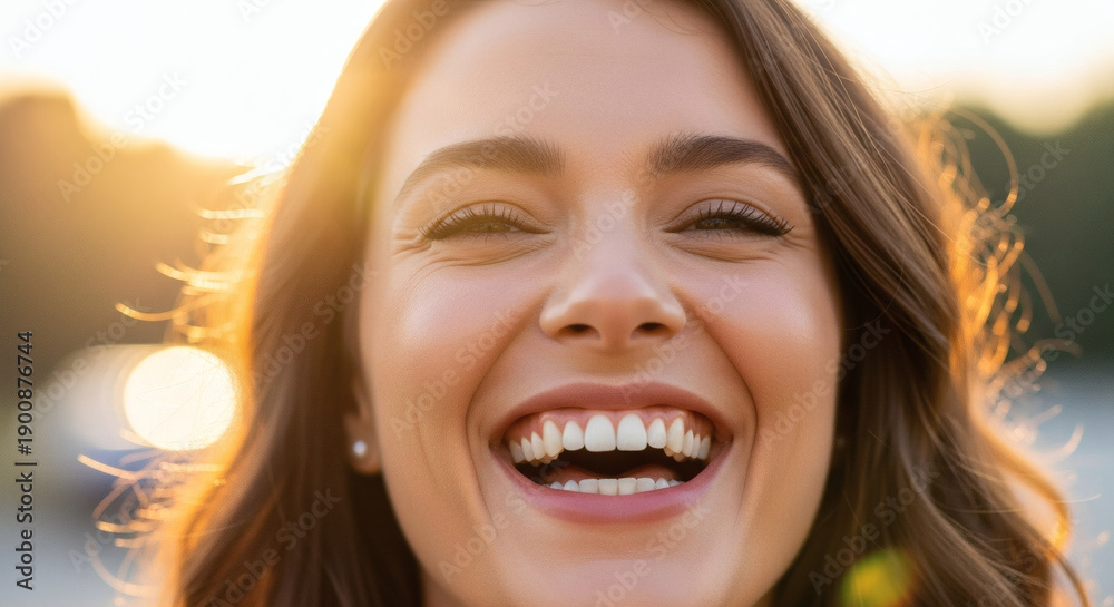 Fototapeta premium close up Young woman smiling brightly outdoors during sunset with golden light 