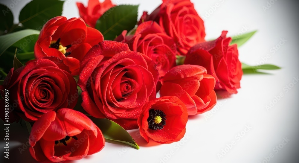 Obraz premium Close up of a luxurious bouquet of deep red roses and tulips glistening with water droplets