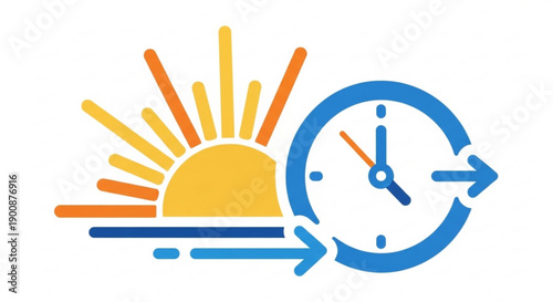 Sunrise with clock and circular arrow symbolizing time change daylight saving or daily cycle