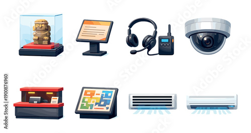 Museum security and technology icons: artifact, headphones, surveillance, ticket booth