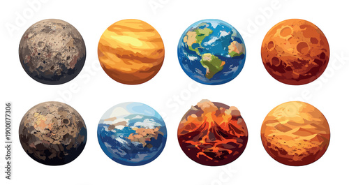 Realistic depiction of eight diverse planetary surfaces in colorful grid