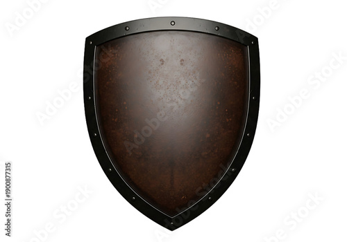 Rusted medieval shield with black metal rim and rivets on white background ancient armor protection