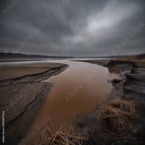 Slow River Under Overcast Sky Minimal Cinematic Landscape