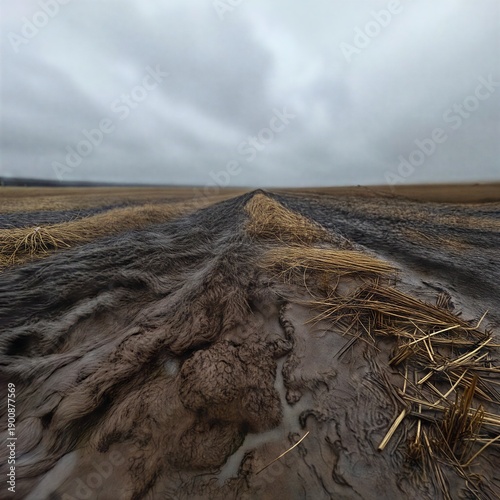 Empty Dirt Path Through Field Under Grey Sky Minimal Countryside