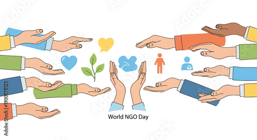 Illustration of diverse hands reaching out in support on World NGO Day, promoting global humanitarian aid and community empowerment.