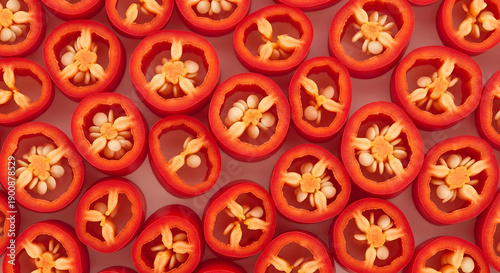 Sliced red chili peppers with visible seeds and white flesh