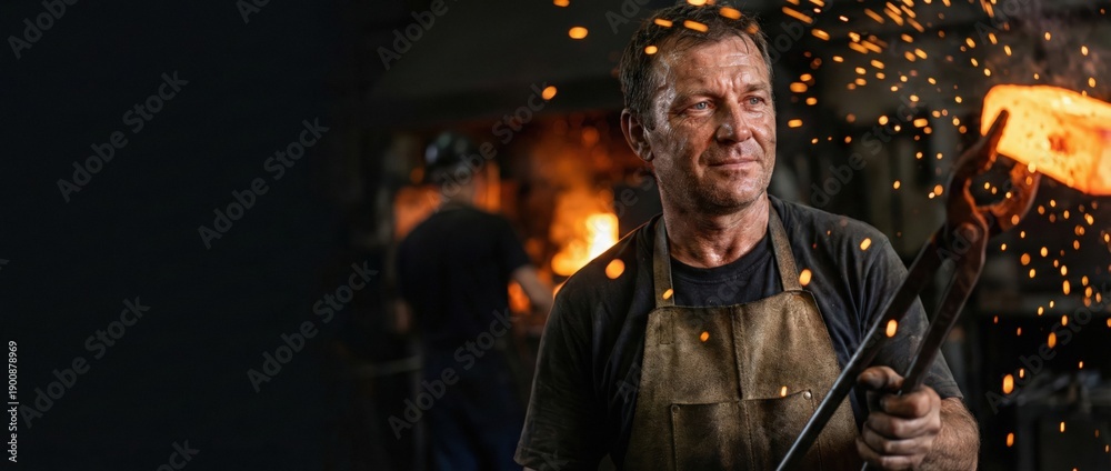 Obraz premium Senior Caucasian blacksmith holding glowing metal with tongs, sparks flying in workshop Skilled craftsman working with fire and metal, industrial concept