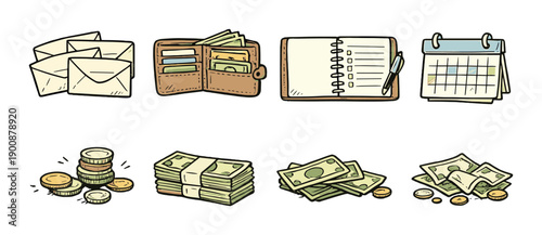 Financial planning icons: envelopes, wallet, notebook, calendar, coins, cash