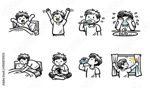 Caucasian male child morning routine: waking, brushing, dressing, drinking, and greeting the day