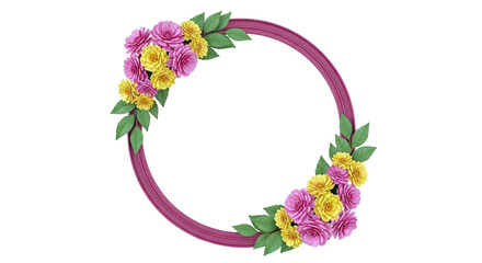 Circular Frame with Pink and Yellow Flowers and Green Leaves