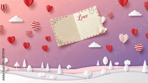 A paper-style landscape featuring a vintage open letter with the word "Love" flying among red and white heart-shaped balloons over a white paper forest.