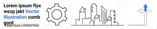 Gear beside city skyline and directional arrow pointing upward. Ideal for teamwork, strategy, innovation, urban planning, decision-making, growth, and simple landing page
