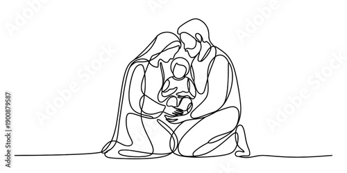 Minimalist continuous line drawing of the holy family mary joseph and baby jesus kneeling together Vector, illustration