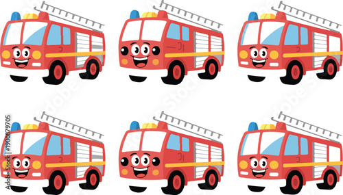 Cute Cartoon Fire Trucks Vector – Smiling Red Emergency Rescue Vehicles