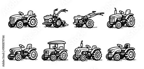 Set of hand-drawn tractor illustrations on gray background
