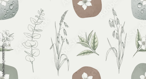 Elegant botanical illustrations of plants and flowers on textured background