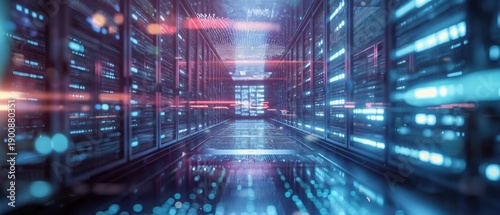 Cybernetic Gateway: An ethereal depiction of a server room, where data flows and digital information is stored, rendered with luminescent hues and a sense of futuristic tech.