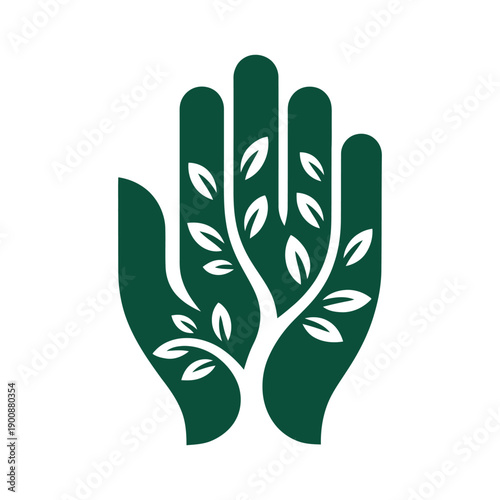 A green hand with leaves growing out of it, symbolizing nature and growth.