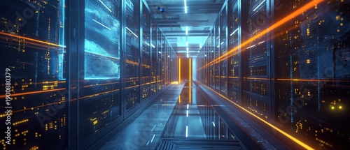 Data Center's Gateway: A cutting-edge data center bathed in cool blue and warm orange lights. The image features rows of servers and a gateway at the end of the corridor.